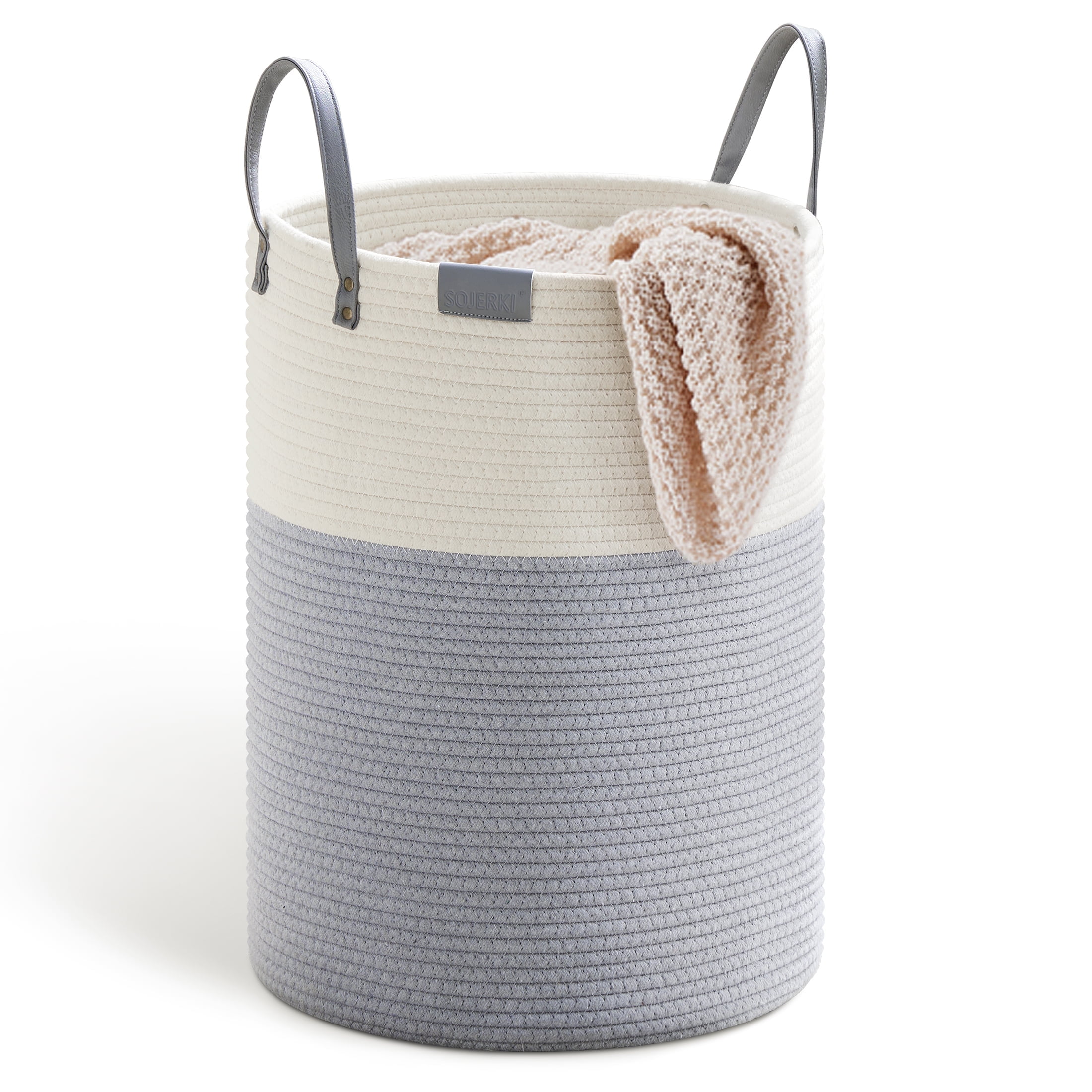 SOJERKI Cotton Woven Rope Laundry Hamper,30L Storage Decorative Laundry Basket for Blankets,Dirty Clothes,Toys,Plant Pot-Blue PU